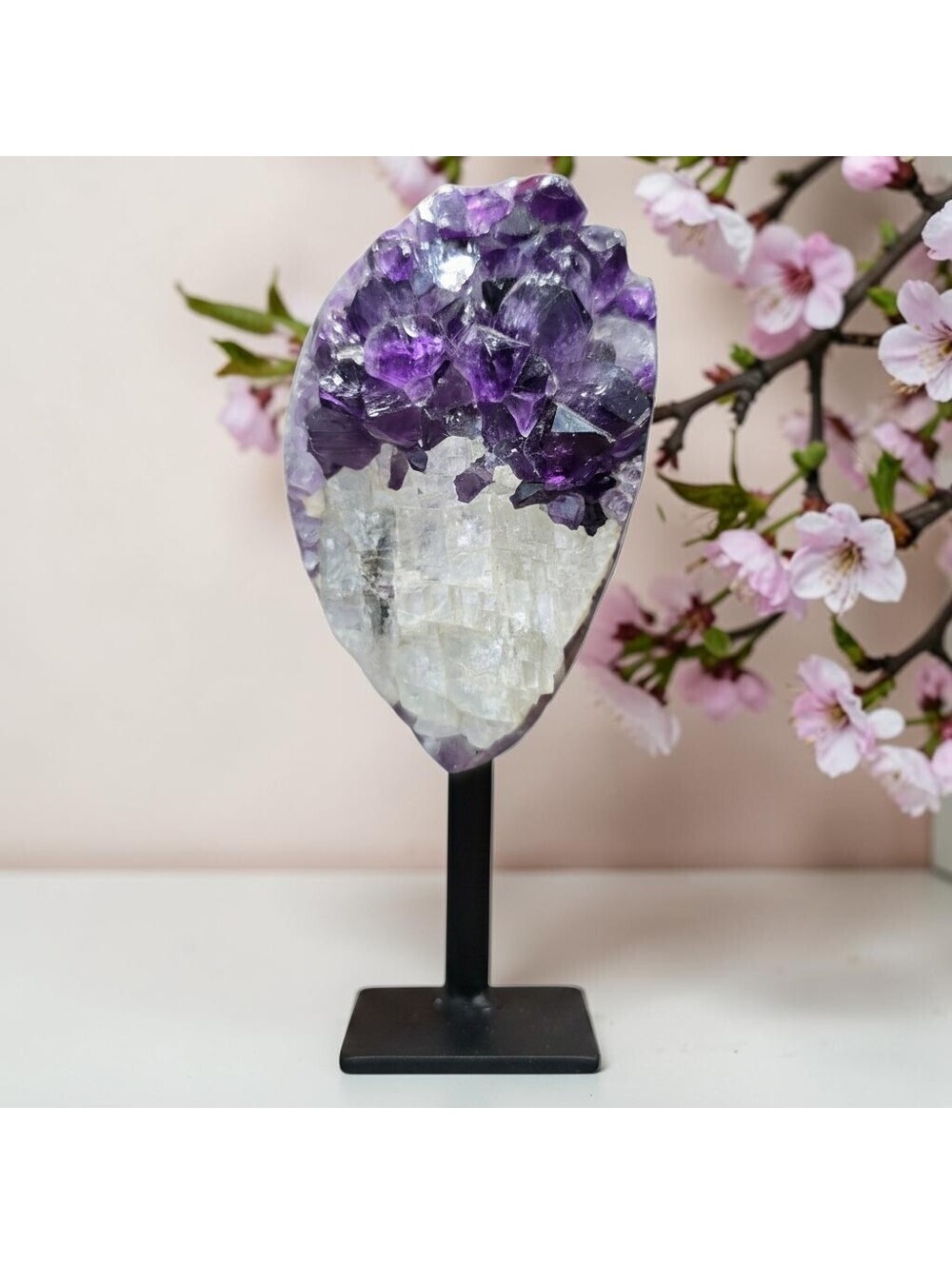 A238. Amethyst & Calcite Natural Crystal Display Piece on Metal Stand